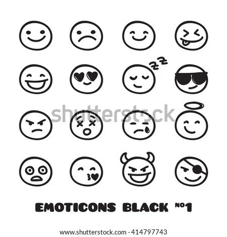 Vector cute doodle style emoticons collection. Black and white emoji set. Emotion icons.
