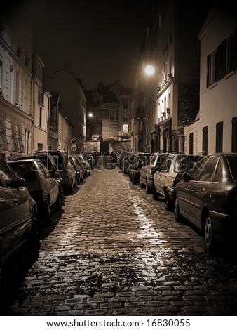 stock photo Small night street on Montmartre Paris