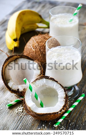 Fresh sweet healthy coconut milk shake with bananas vertical