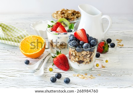 Granola or muesli with berries and fruits for healthy morning meal