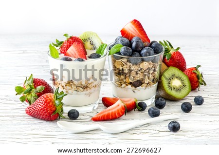 Granola or muesli with berries and fruits for healthy breakfast morning meal