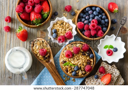 Healthy breakfast, muesli, granola with raspberries, blueberries, strawberries, crisp bread and yogurt, health and diet concept