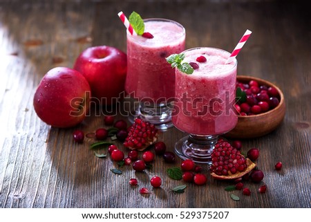 Fresh blended cranberry smoothie, juicy healthy vitamin drink with berries, diet and health concept