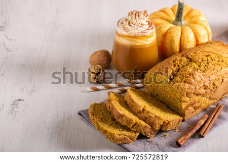 Pumpkin bread cake with pumpkin latte for autumn fall dinner