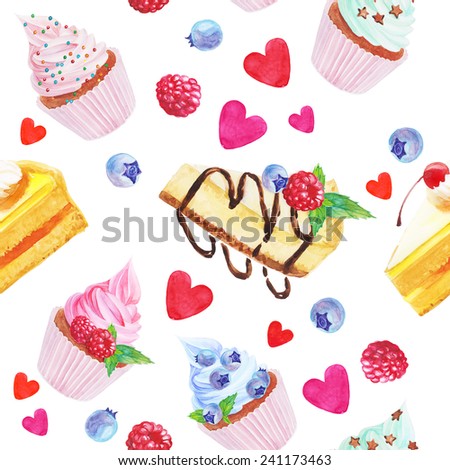Postcard for Valentine\'s day. Pink cupcakes with raspberries and heart. Hand drawing. Watercolour.