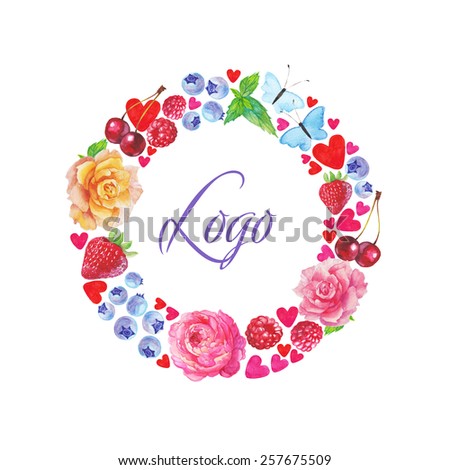 Light bright watercolor logo with flowers and berries. Hand painted colors. Spring freshness.