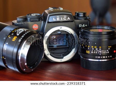 CHIANGRAI - DECEMBER 4: Leica R4S single lens reflect film camera with Leica-R lenses in natural light, was taken on December 4, 2014, in Chiangrai, Thailand.