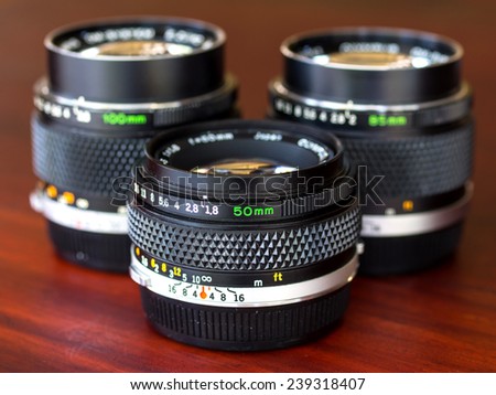 CHIANGRAI - DECEMBER 4: The different focal length OM lenses are composed together in natural light exposure, was taken on December 4, 2014, in Chiangrai, Thailand.