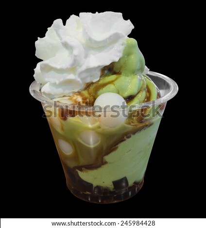 Green tea ice cream in plastic cup isolated on white background
