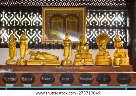 Golden buddha statues in various actions for each day of birth, in Thai temple. The Thai letters describe for day in week from Monday to Saturday.
