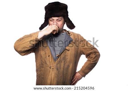 Angry russian man drink a vodka. Studio portrait isolated on white background