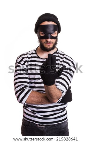 Crafty criminal inviting with hand. Portrait isolated on white background