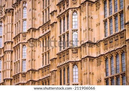 Houses of Parliament, London. Close, full-frame detail of the walls of the UK seat of government, The Houses of Parliament, a classic example of gothic architecture.