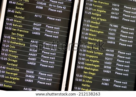 A flight departure board showing long-haul international flights leaving from London\'s Heathrow airport.