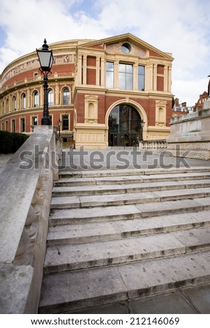 The iconic architecture of the Royal Albert Hall in Kensington, West London.  The music venue is home to the popular Proms series of concerts.