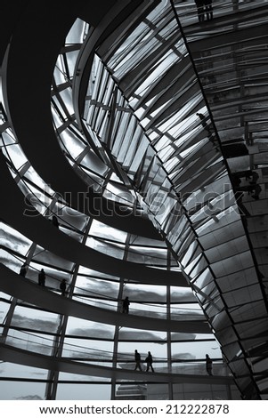 An abstract view from within the Reichstag dome during a heavy winters snow fall.
