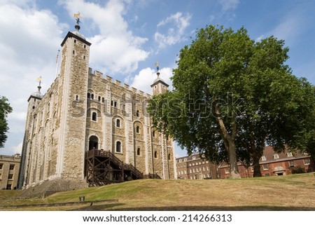 Wide angle view of The White Tower, the central keep within the Tower of London.