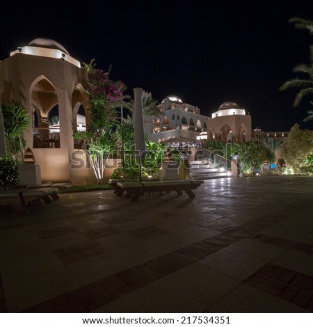 HURGHADA, EGYPT - NOVEMBER 21, 2006: A late night view of a 5 star hotel resort complex on the Egyptian Red Sea coast.