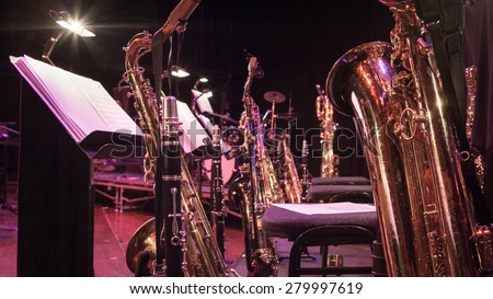 The instruments found in the wind section of a traditional big band with a frame dominated by saxophones and clarinets.