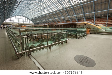 LONDON, UK - 24 FEBRUARY 2011: International EuroStar trains in the newly renovated St. Pancras train station in central London, UK.