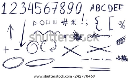 Set of numbers, letters, punctuation marks, arrows, highlighting, underlining. Isolated. Handwriting