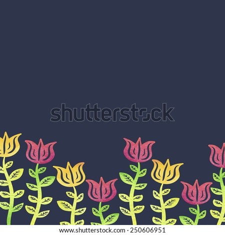 Dark blue background with red and yellow drawn decorative flowers tulips. Bright watercolor