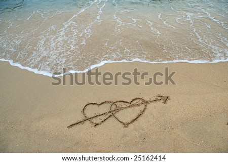 2 Hearts drawn on the beach, concept of falling in love