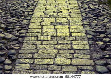 Close-up of an ancient cobble stone path