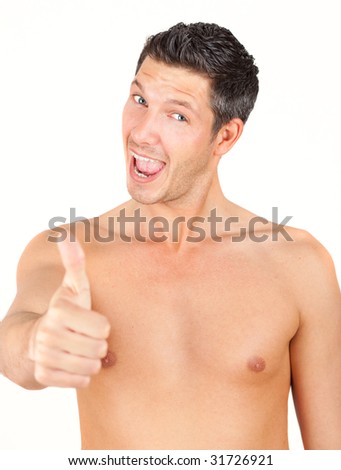 stock photo Happy smiling nude man showing thumb