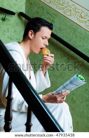 Relaxed man enjoying bread sitting and reading illustrate