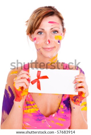 Friendly colored female holding and bonus coupon voucher card