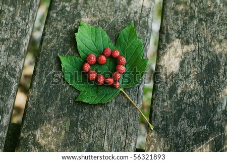 heart from wild strawberries on a maple leaf on a bench