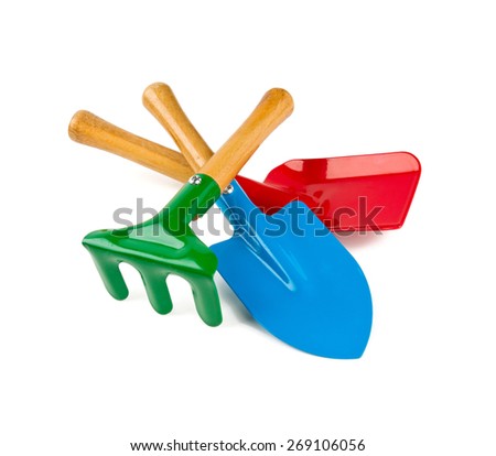 colorful gardening tools isolated on white