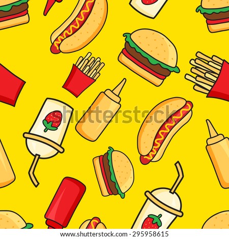 vector seamless pattern of funny cartoonish fast food dishes on yellow background