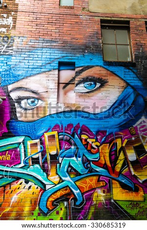 Colorful graffiti in back alley of downtown in Melbourne, Australia.