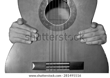 hand girl hold guitar back and white / isolated