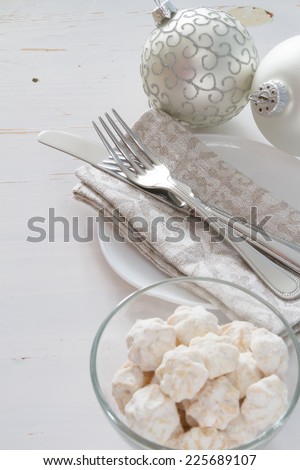 Christmas - table wear, small white cookies and silver balls