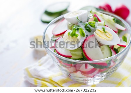Radish, cucumber, egg, dill, onion yogurt salad in glass bowl with ingredients, plaid napkin, white wood background