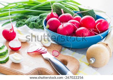 Radish salad cooking - sliced a radish, cucumber, eggs, wood board, plaid napkin, white wood background