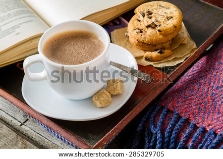 Autumn lifestyle - hot chocolate, chocolate chip cookies, old book, tray, warm blanket, rustic wood background