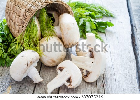 Mushrooms in basket, rustic wood background