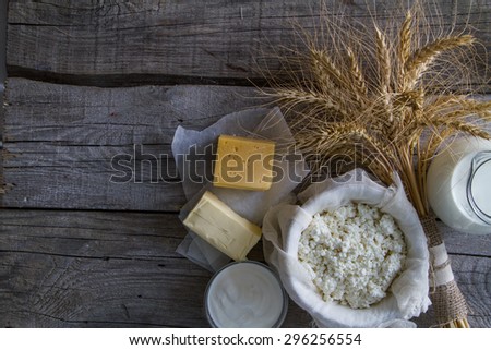 Fresh dairy products (milk, cottage cheese, cheese, sour cream, butter), wheat, rustic wood background, top view