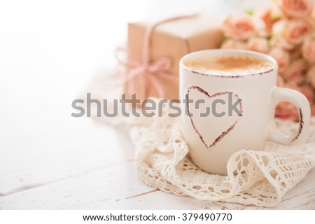 Mothers day concept - coffee present and roses copy space
