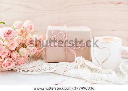 Mothers day concept - coffee present and roses copy space