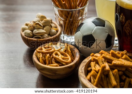 Selection of party food for watching football championship, copy space