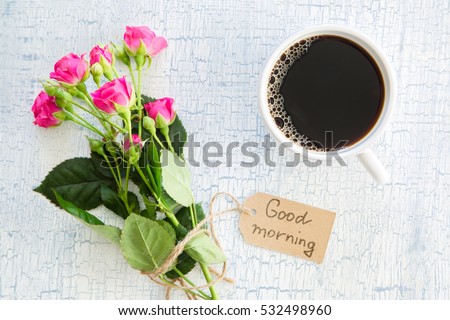 Morning coffee and flowers, copy space, top view