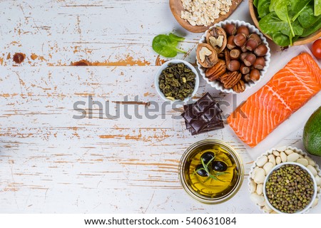 Selection of nutritive food - heart, cholesterol, diabetes, copy space
