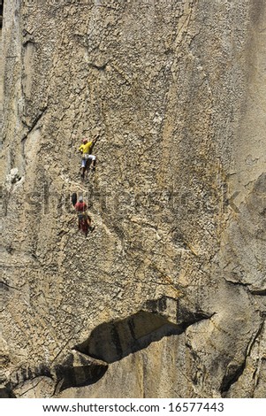 A team of climbers on the remote granite outcrop of Chimney Rock, in the Sequoia National Park.