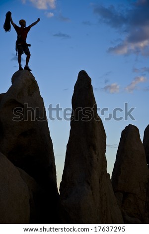 A climber silhouetted on the summit of a rock spire after a successful ascent in Joshua Tree National Park, California, on a summer day.