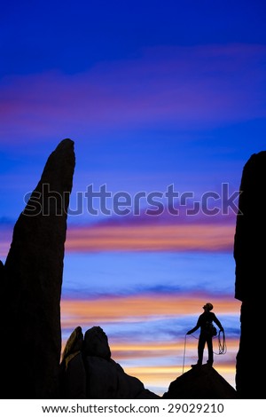 A climber is silhouetted against the evening sky as he nears the summit of a steep rock face in Joshua Tree National Park, California.